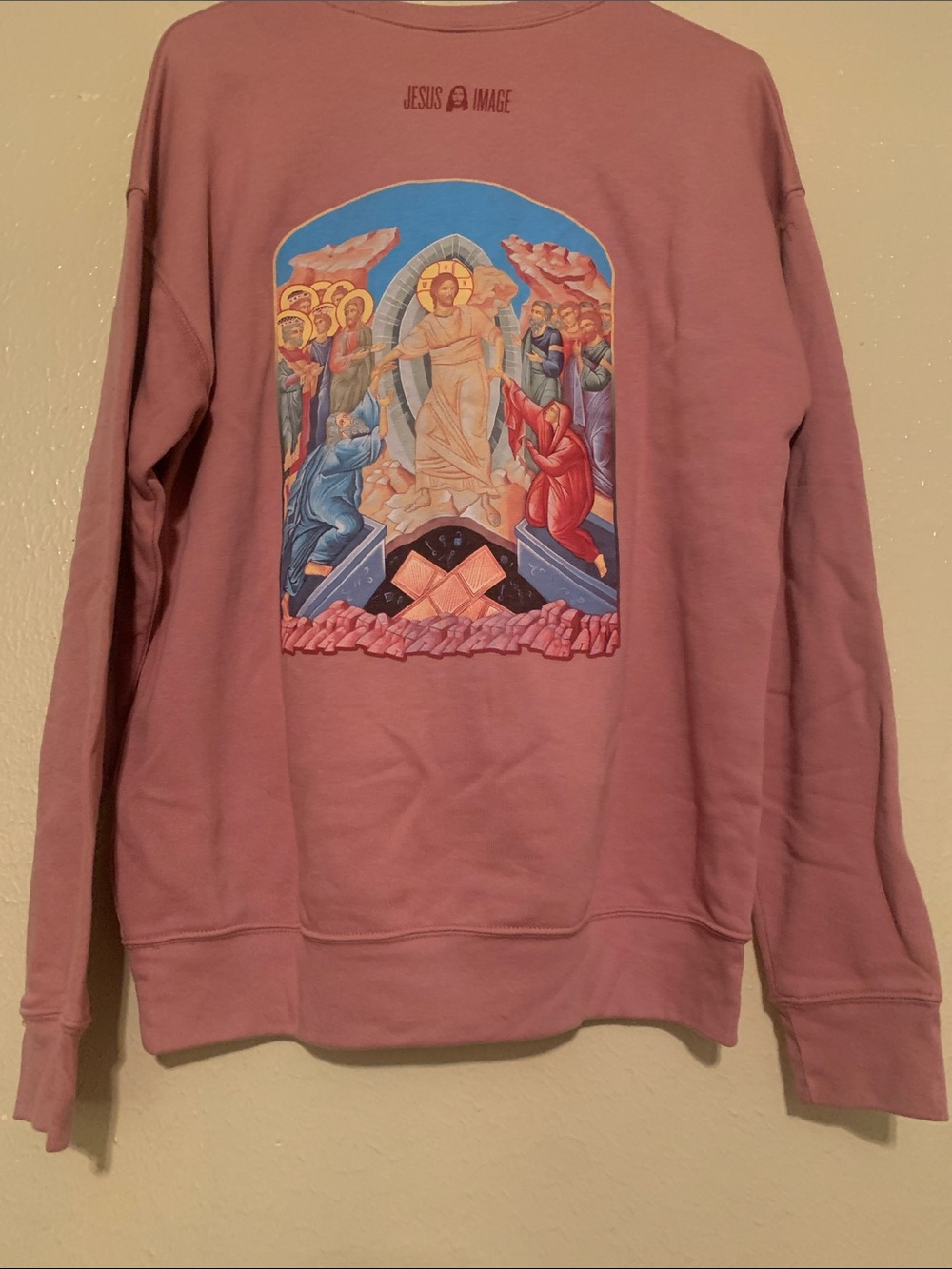 NWOT Jesus Image Bella Canvas Pink Crewneck Sweatshirt with 'He is Risen' Print